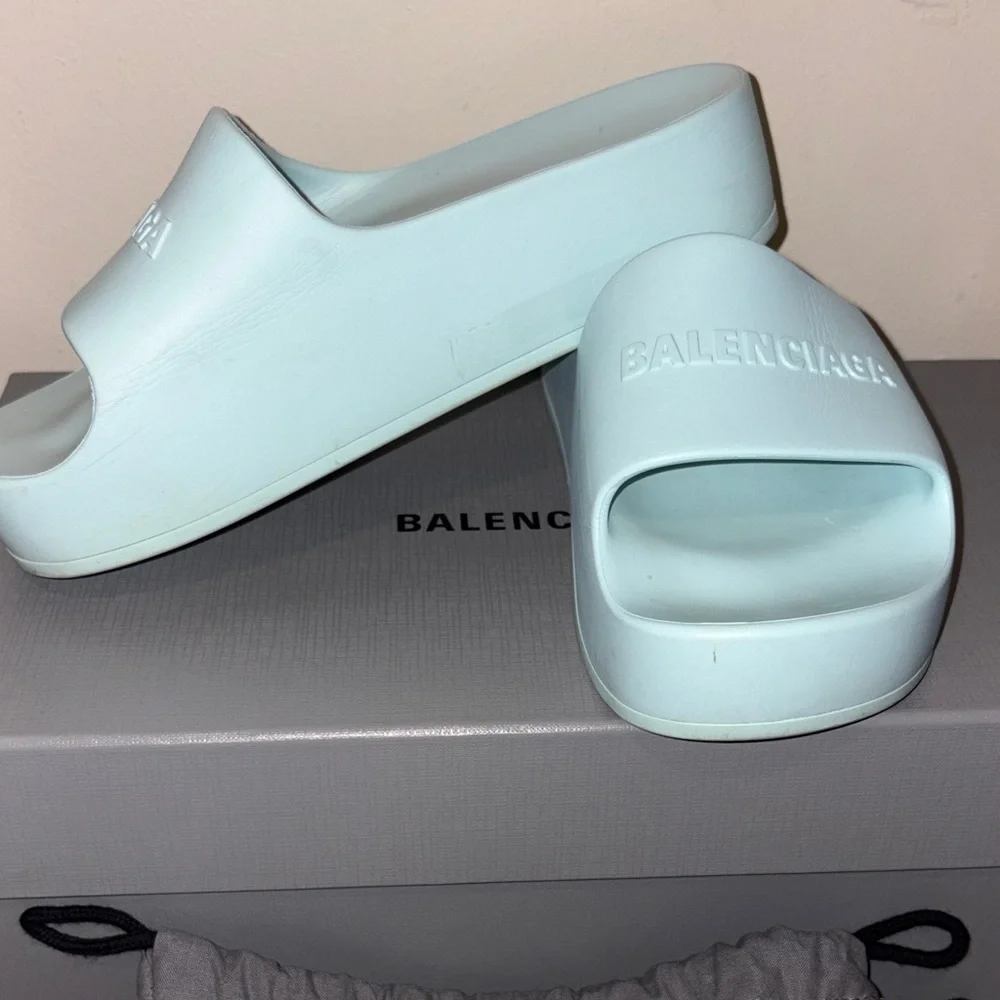 Balenciaga Sky Blue Embossed Slides - Picture 2 of 5